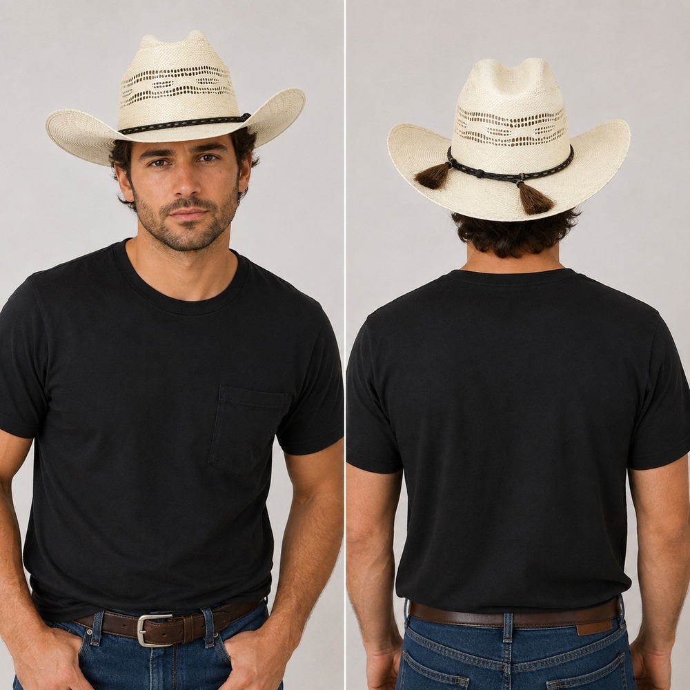Ranger Hats Straw Cowboy Hat Size 7 1/8 Ventilated Crown Horsehair Band Tassels